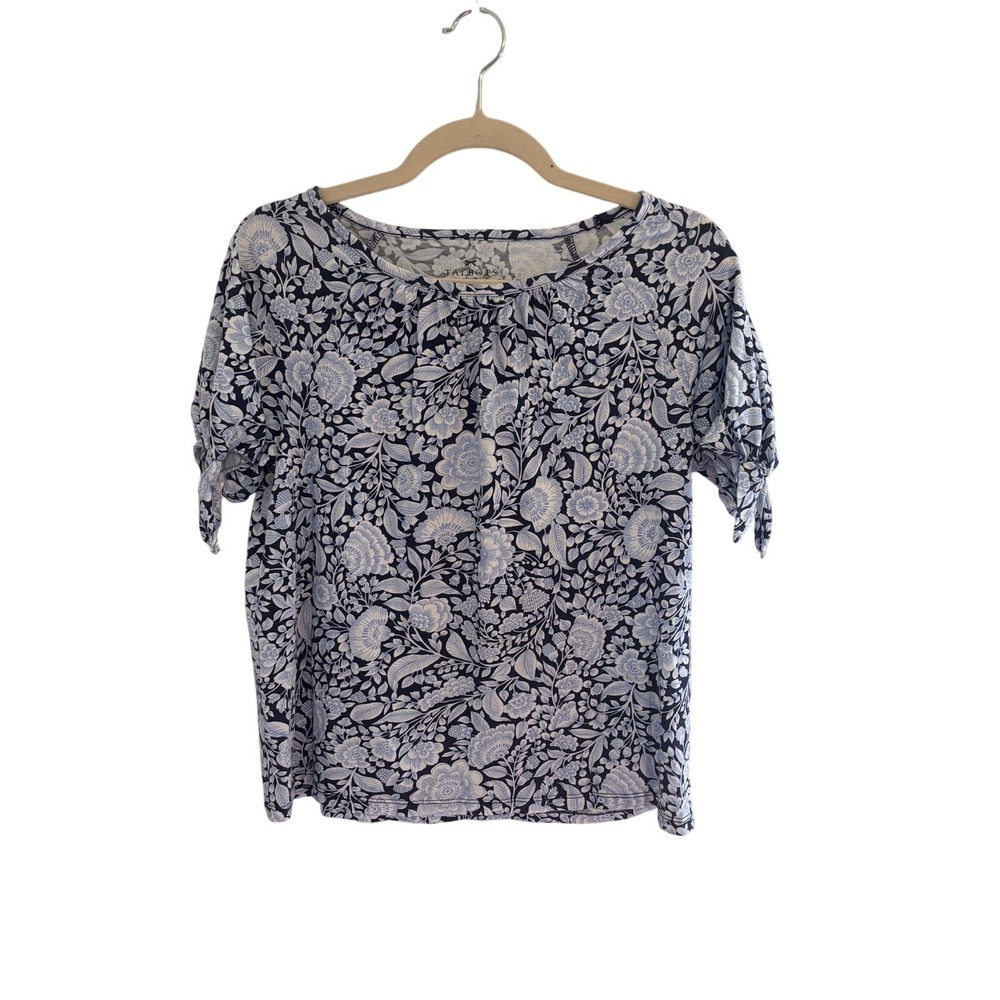 Talbots Petites Navy Blue Floral Print Pima Cotton Tie Sleeve Top Size SP - Picture 2 of 7